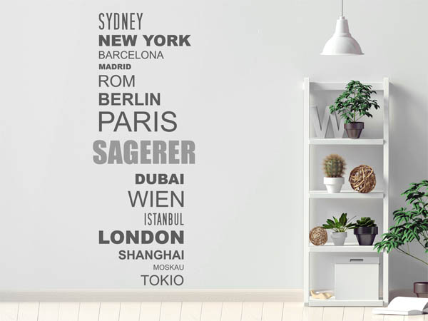 Wandtattoo Sagerer mit Weltstädten