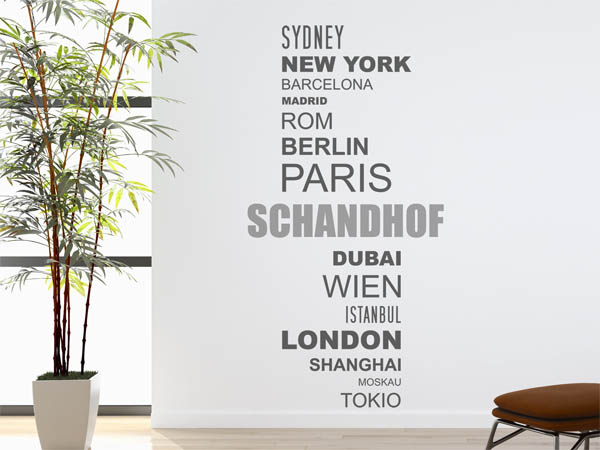 Wandtattoo Schandhof mit Weltstädten