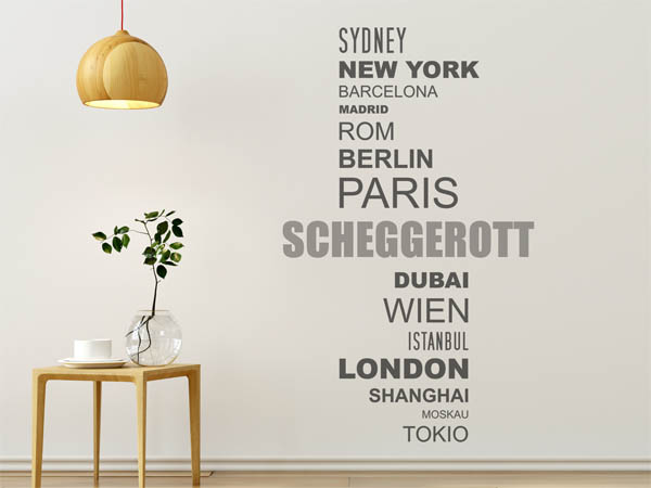 Wandtattoo Scheggerott mit Weltstädten