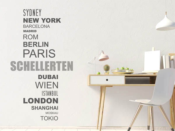 Wandtattoo Schellerten mit Weltstädten