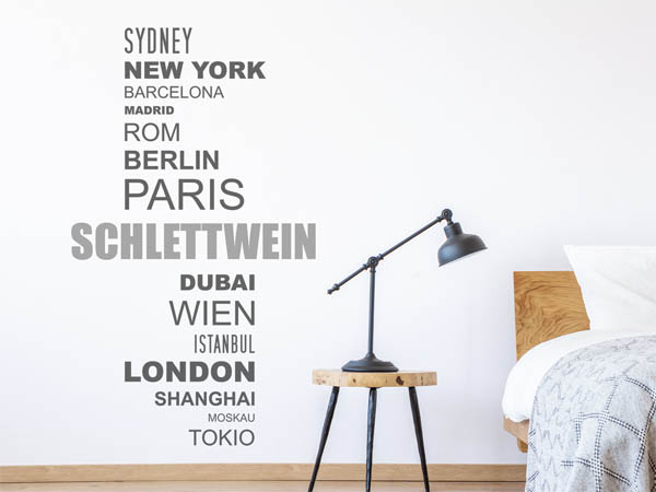 Wandtattoo Schlettwein mit Weltstädten
