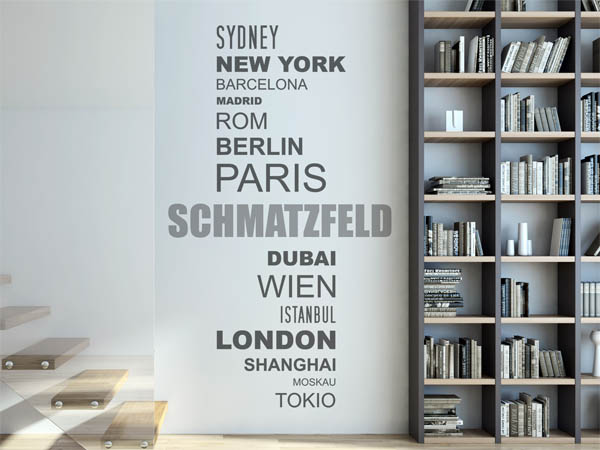 Wandtattoo Schmatzfeld mit Weltstädten