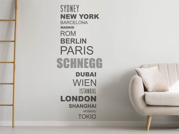 Wandtattoo Schnegg mit Weltstädten
