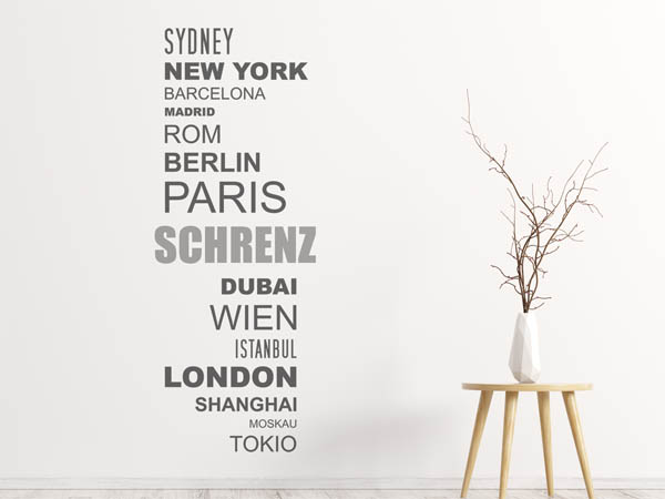 Wandtattoo Schrenz mit Weltstädten