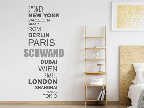 Wandtattoo Schwand mit Weltstädten
