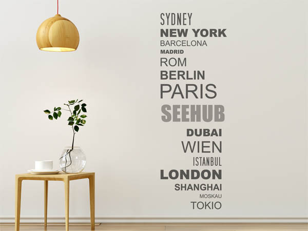 Wandtattoo Seehub mit Weltstädten