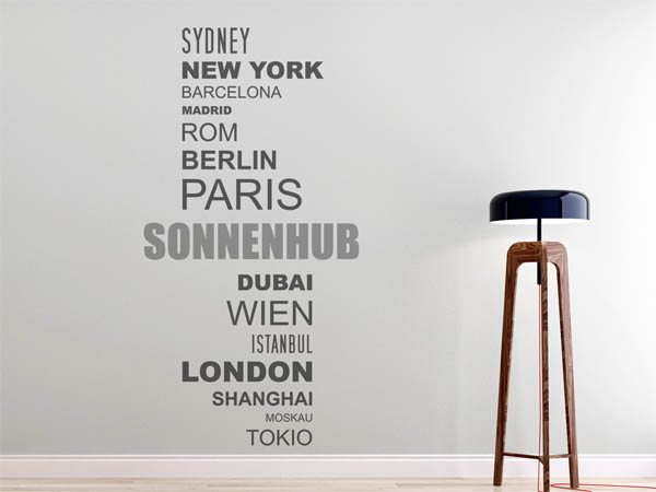Wandtattoo Sonnenhub mit Weltstädten