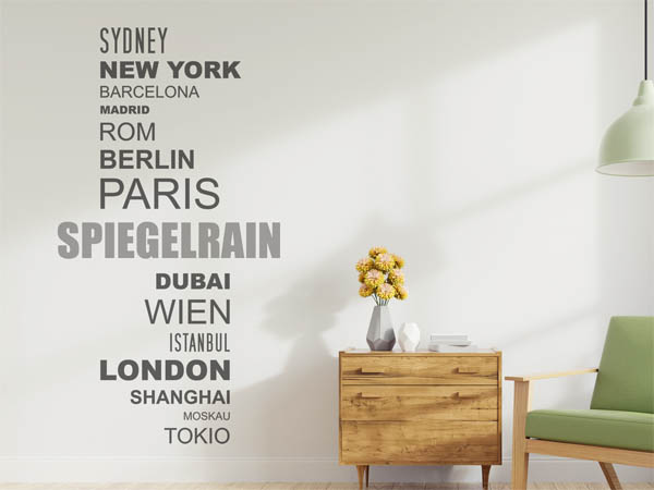 Wandtattoo Spiegelrain mit Weltstädten