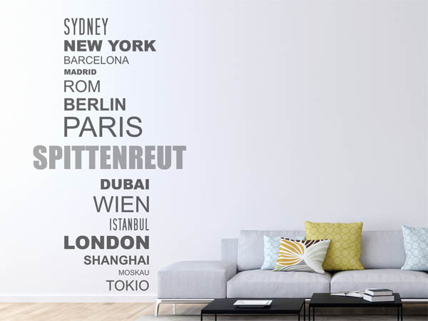 Wandtattoo Spittenreut mit Weltstädten