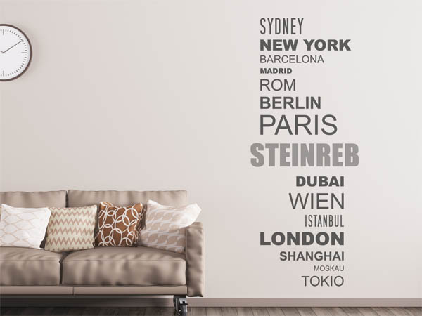 Wandtattoo Steinreb mit Weltstädten