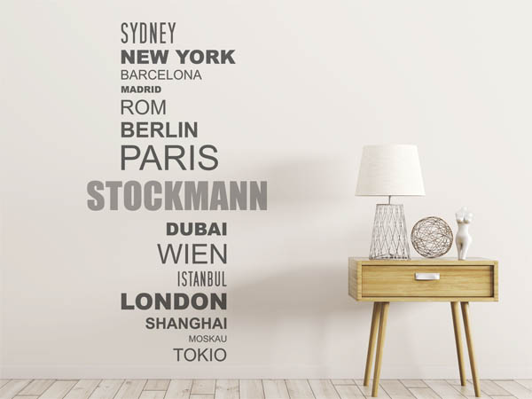 Wandtattoo Stockmann mit Weltstädten