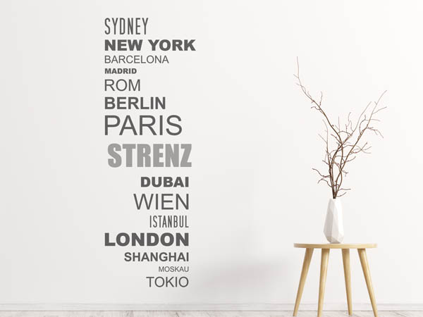 Wandtattoo Strenz mit Weltstädten