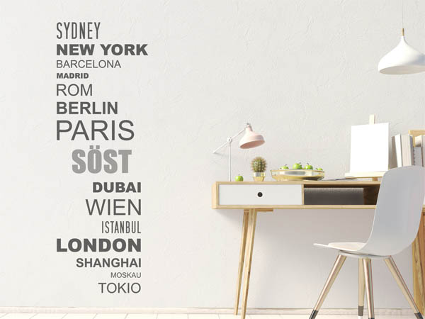 Wandtattoo Söst mit Weltstädten