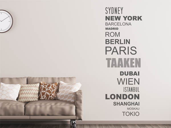 Wandtattoo Taaken mit Weltstädten
