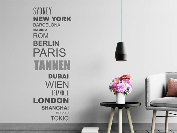 Wandtattoo Tannen mit Weltstädten