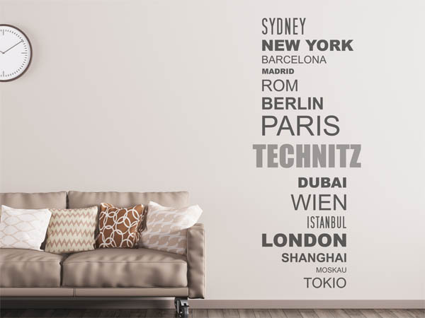 Wandtattoo Technitz mit Weltstädten