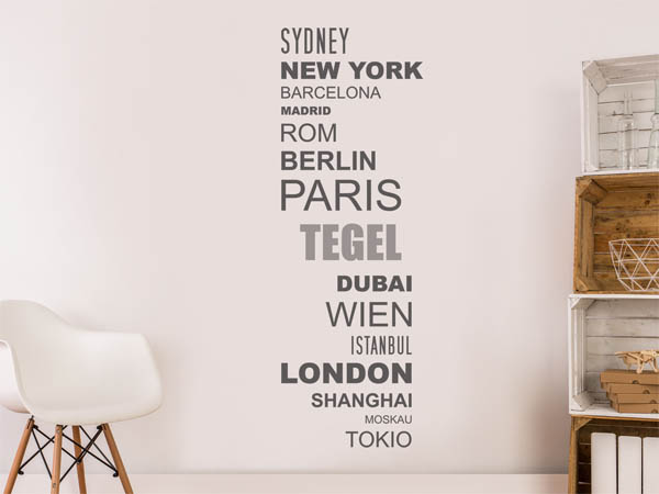 Wandtattoo Tegel mit Weltstädten
