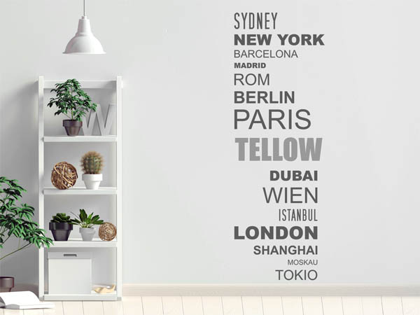 Wandtattoo Tellow mit Weltstädten