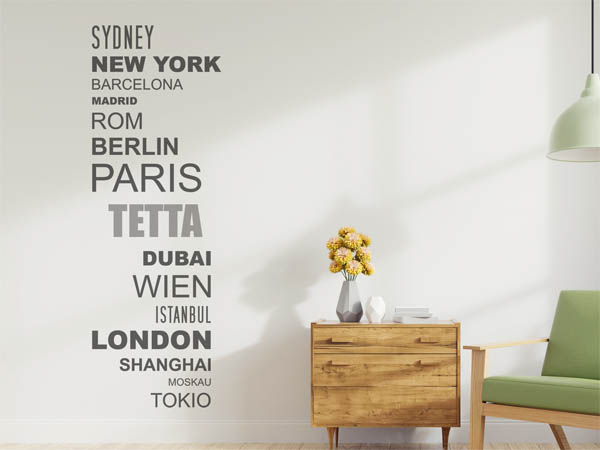 Wandtattoo Tetta mit Weltstädten