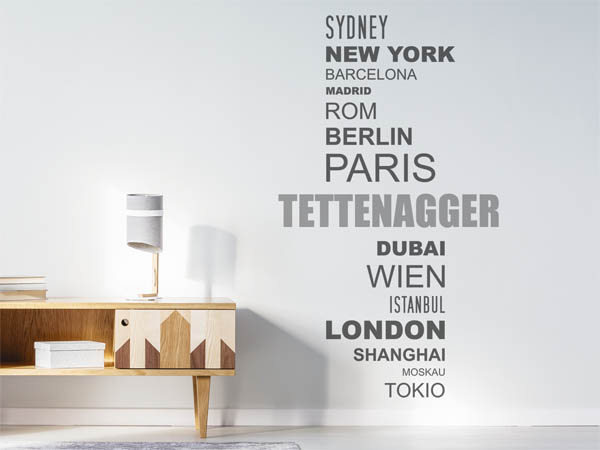 Wandtattoo Tettenagger mit Weltstädten