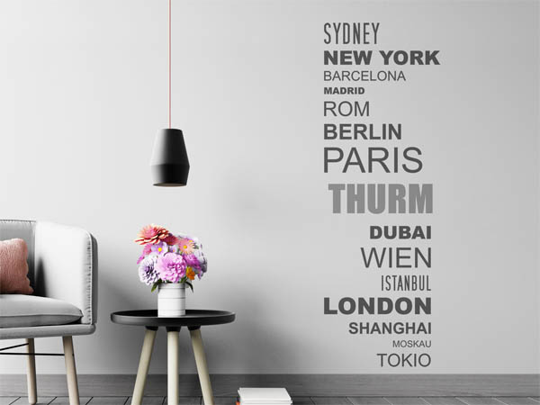 Wandtattoo Thurm mit Weltstädten