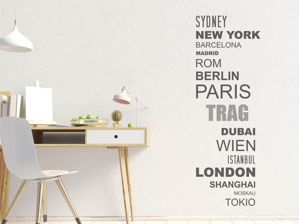 Wandtattoo Trag mit Weltstädten