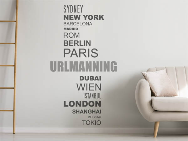 Wandtattoo Urlmanning mit Weltstädten