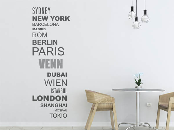 Wandtattoo Venn mit Weltstädten