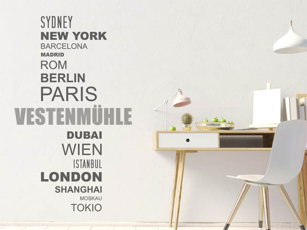 Wandtattoo Vestenmühle mit Weltstädten