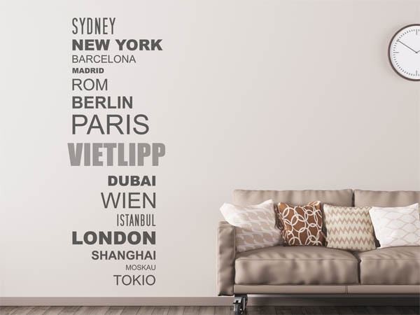 Wandtattoo Vietlipp mit Weltstädten