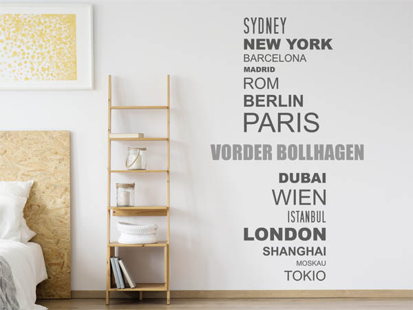 Wandtattoo Vorder Bollhagen mit Weltstädten