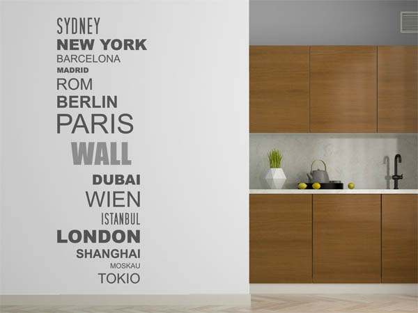 Wandtattoo Wall mit Weltstädten
