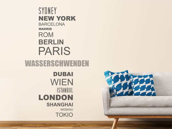 Wandtattoo Wasserschwenden mit Weltstädten