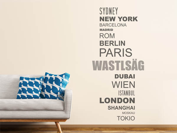 Wandtattoo Wastlsäg mit Weltstädten