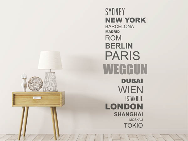 Wandtattoo Weggun mit Weltstädten