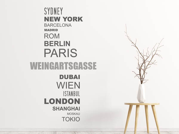 Wandtattoo Weingartsgasse mit Weltstädten