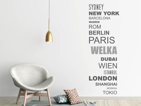 Wandtattoo Welka mit Weltstädten