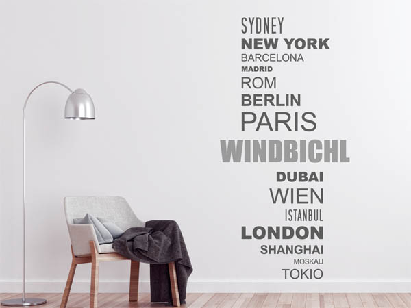 Wandtattoo Windbichl mit Weltstädten