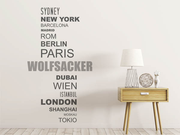 Wandtattoo Wolfsacker mit Weltstädten
