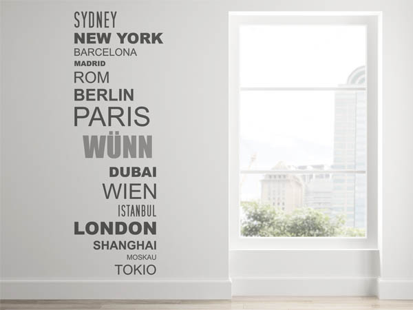 Wandtattoo Wünn mit Weltstädten