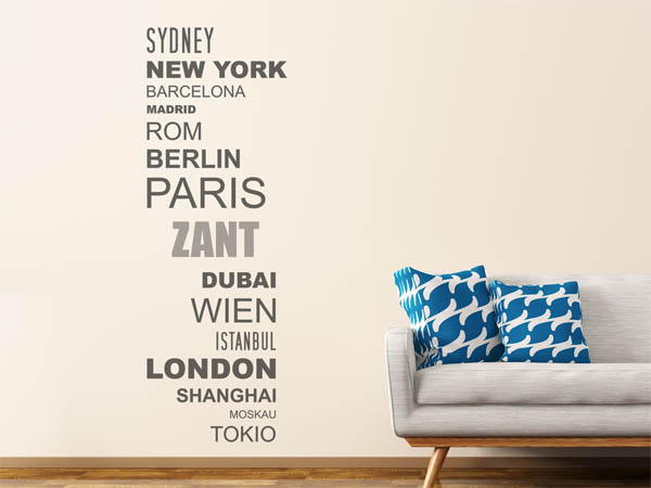 Wandtattoo Zant mit Weltstädten