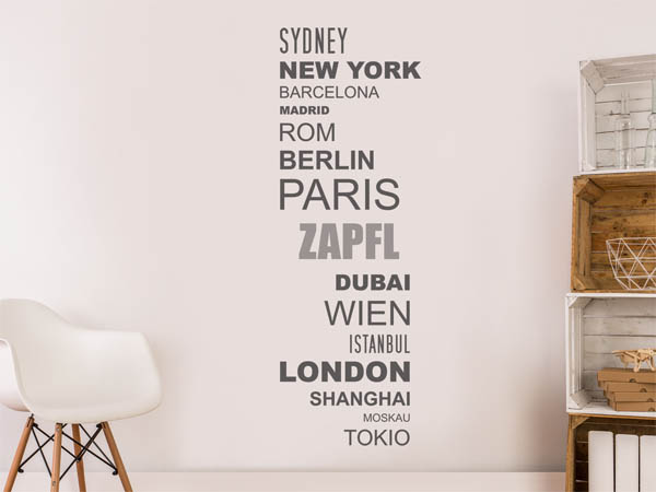 Wandtattoo Zapfl mit Weltstädten