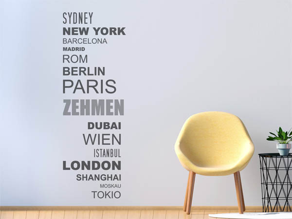 Wandtattoo Zehmen mit Weltstädten