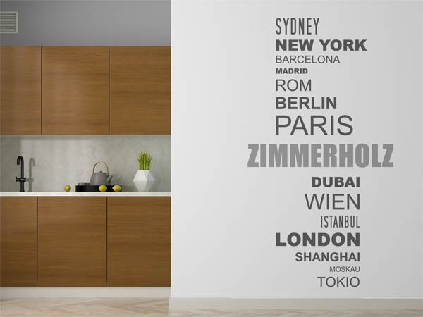 Wandtattoo Zimmerholz mit Weltstädten