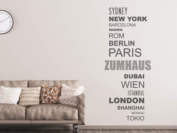 Wandtattoo Zumhaus mit Weltstädten