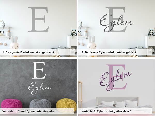 Verschiedene Anordnungen des Wandtattoos Eylem