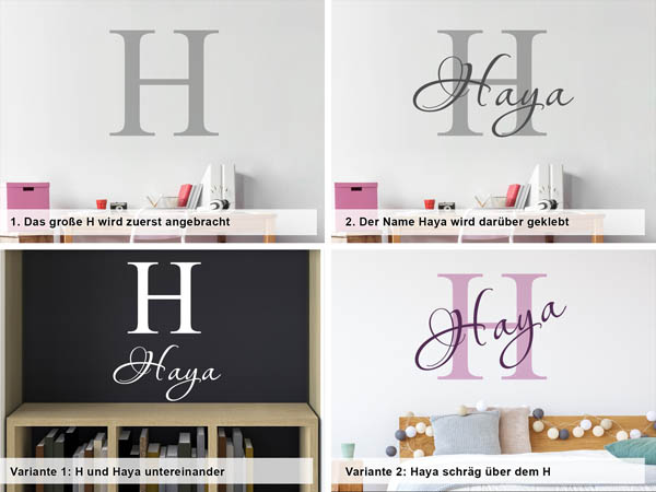 Verschiedene Anordnungen des Wandtattoos Haya