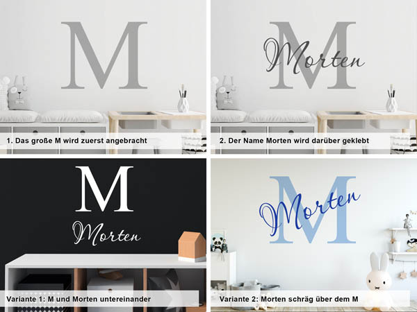 Verschiedene Anordnungen des Wandtattoos Morten