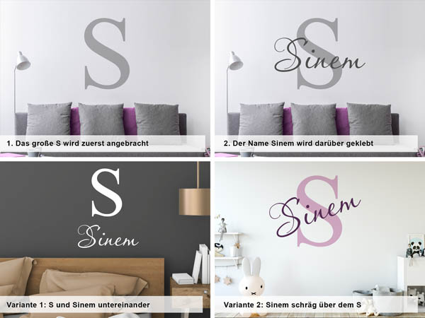 Verschiedene Anordnungen des Wandtattoos Sinem