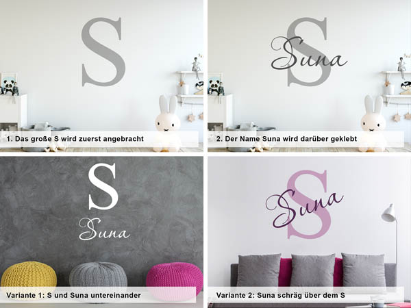 Verschiedene Anordnungen des Wandtattoos Suna